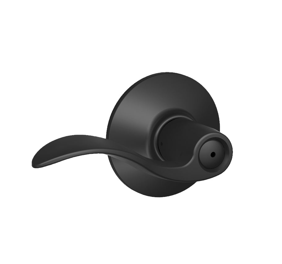 Matte black Schlage residential door lever with privacy lock in accent style, sold individually for secure access.