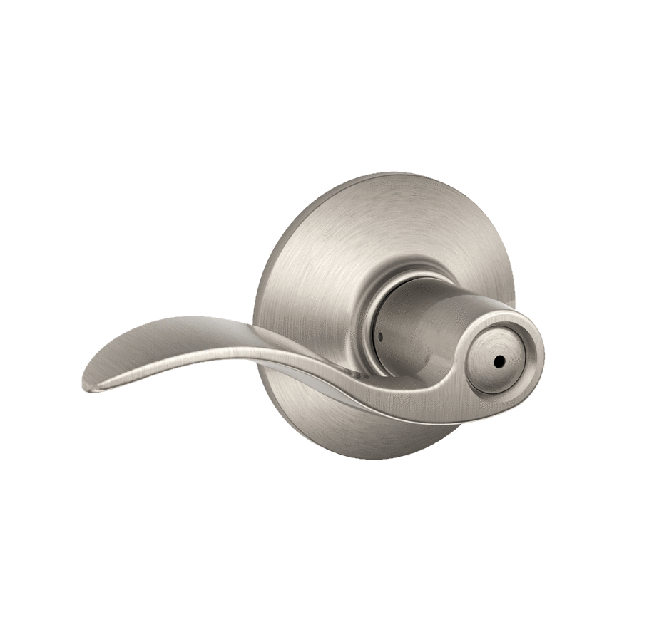 Satin nickel privacy door lever by Schlage with an accent style, designed for residential use, sold individually.