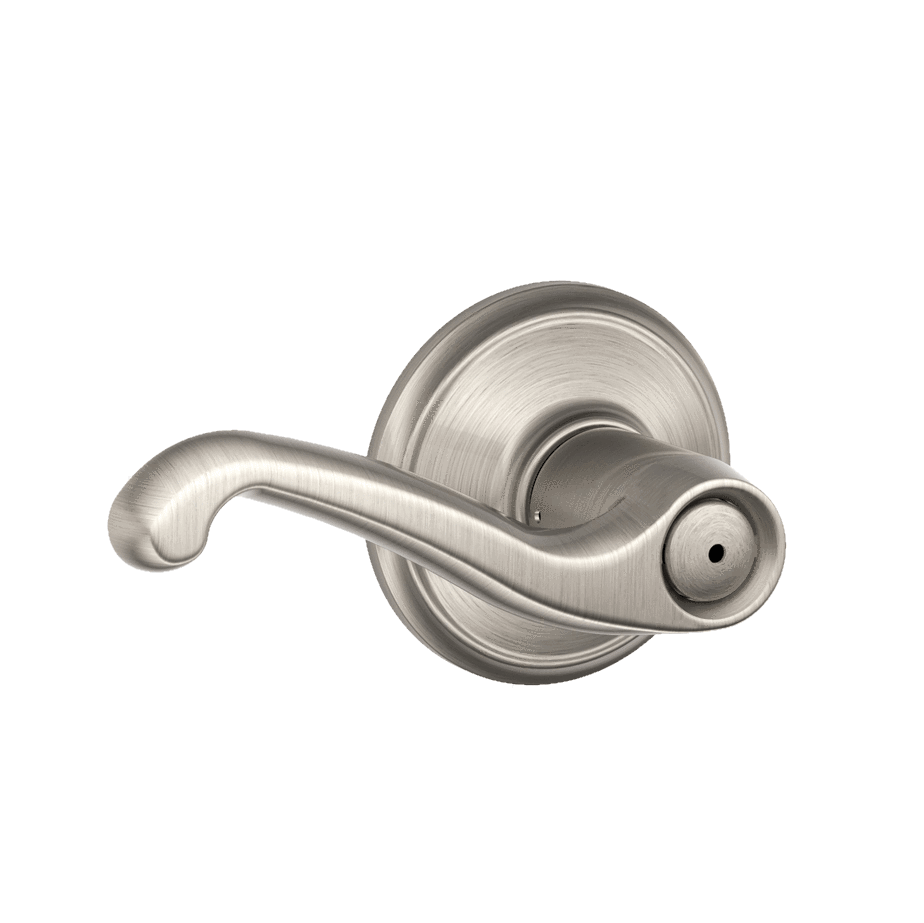 Satin nickel privacy door lever by Schlage in Flair style, designed for residential use, sold individually.