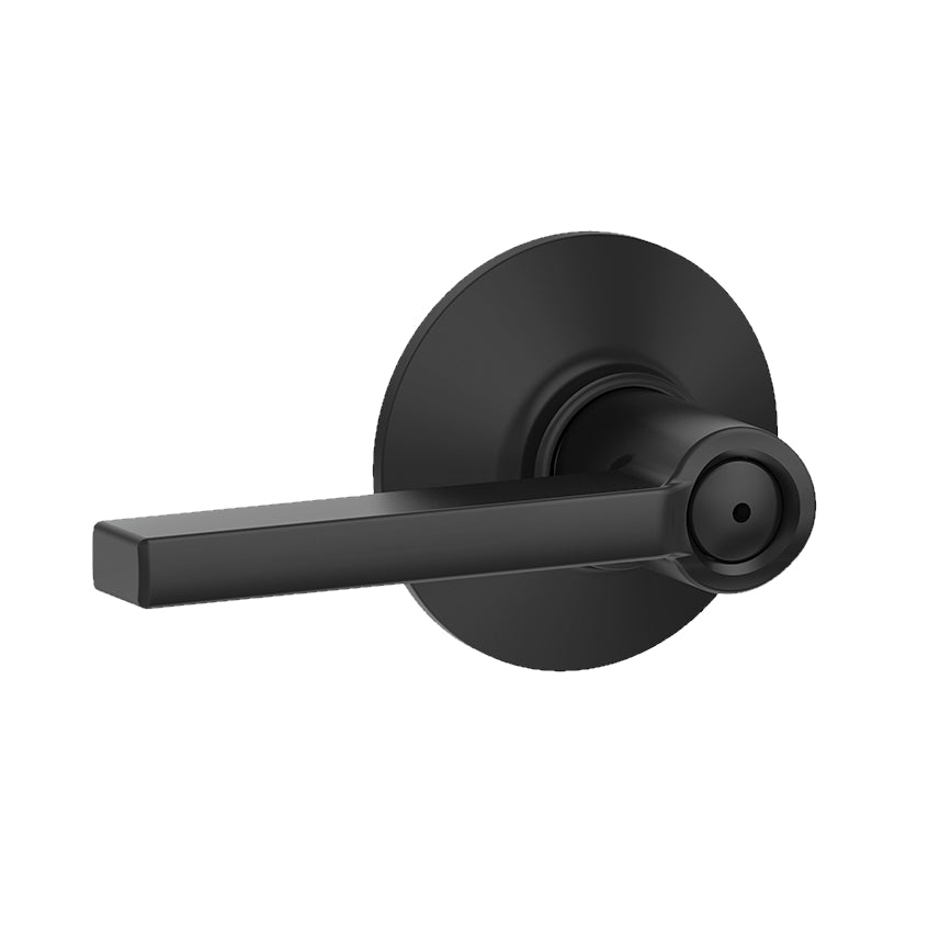 Matte black Schlage residential door lever with privacy lock in Latitude style, sold individually for secure access.