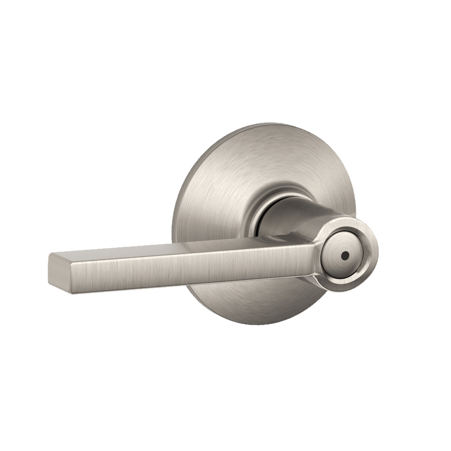 Sleek Schlage residential door lever with privacy lock in latitude style and satin nickel finish, sold individually.