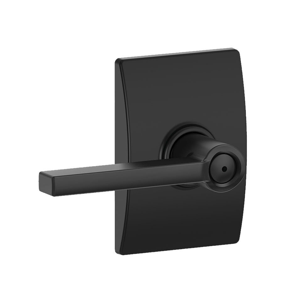 Matte black privacy door lever with Latitude style and Century rose trim, sold individually for residential use.