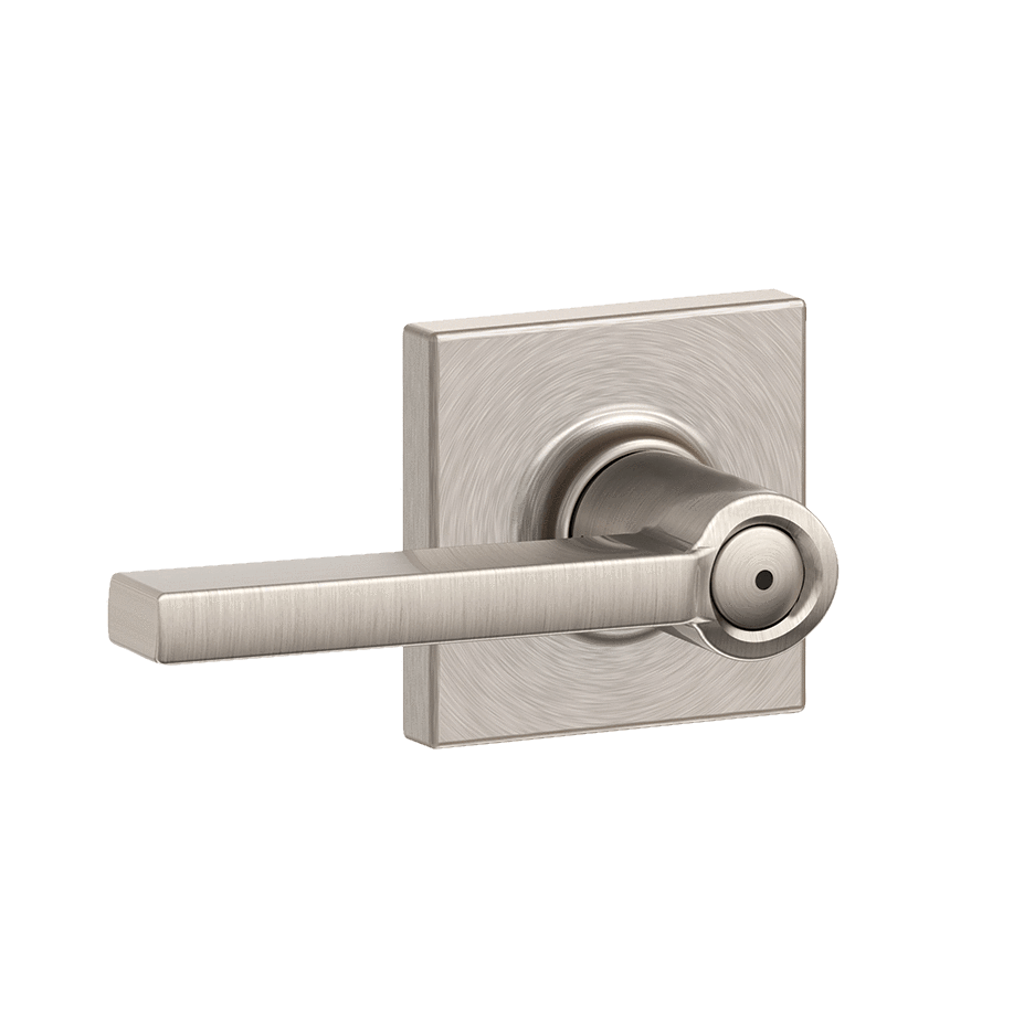 Satin nickel privacy door lever with Collins rose trim in Latitude style, sold individually for residential use.