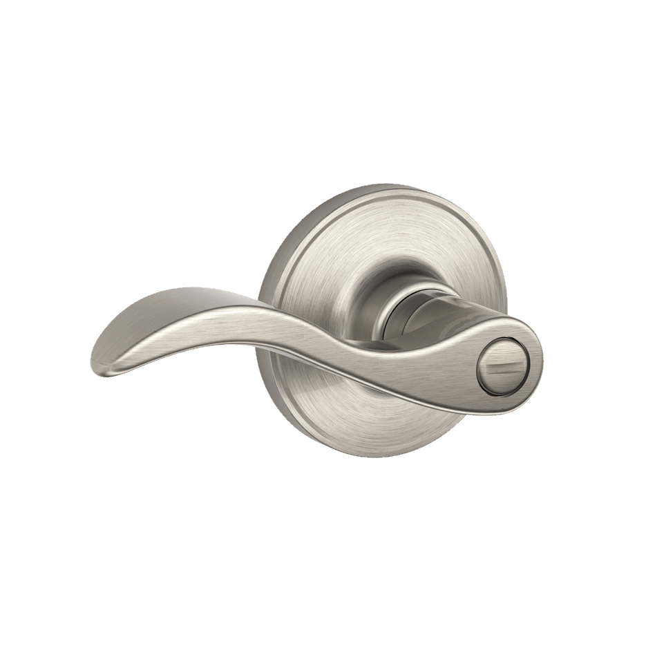 Satin nickel privacy door lever in Seville style, ideal for residential use, sold individually.