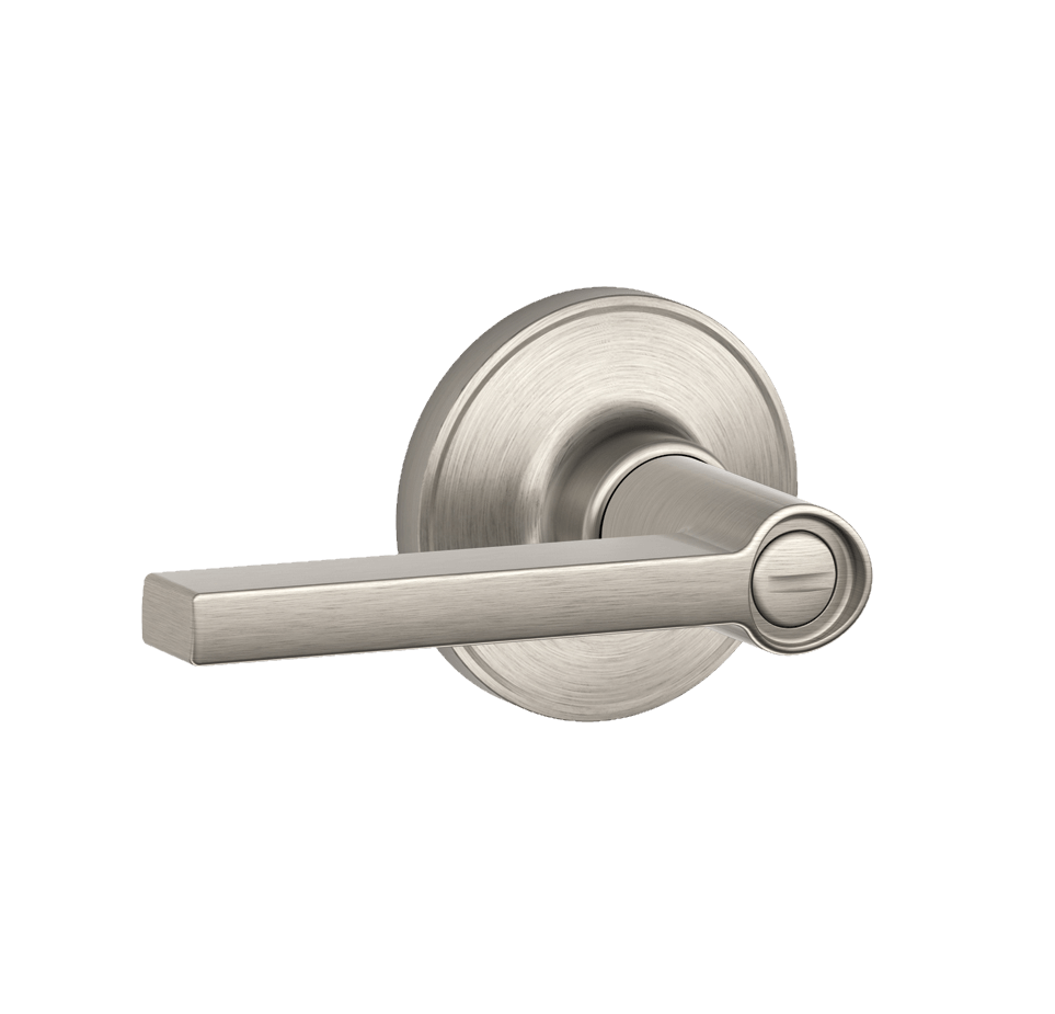 Satin nickel privacy door lever by Schlage in Solstice style, designed for residential use, sold individually.