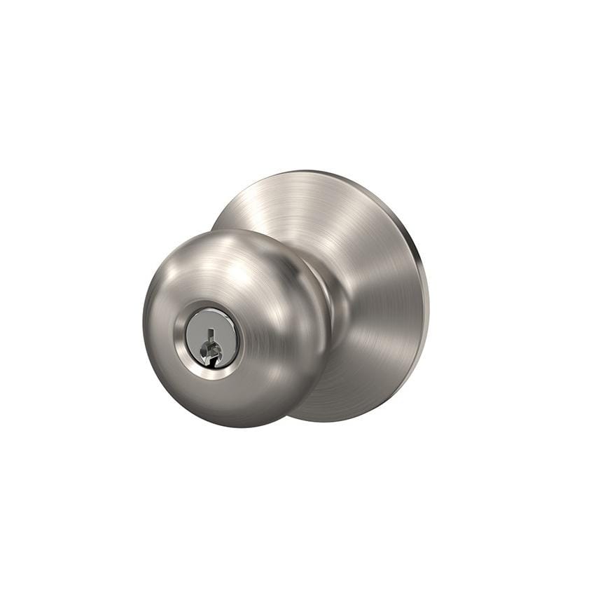 Satin nickel residential door knob with keyed entry lock in Plymouth style, sold individually for secure access.