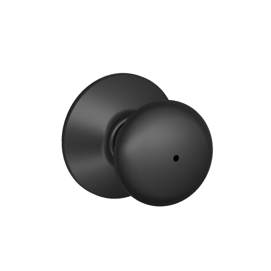 Matte black Schlage residential door knob with privacy lock in Plymouth style, sold individually for secure access.
