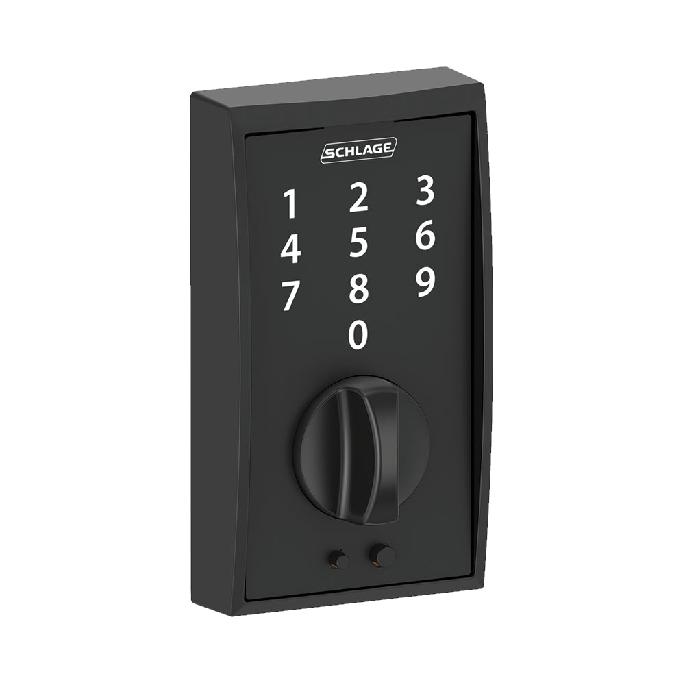 Schlage electronic keyless touchscreen deadbolt lockset in matte black finish with numeric keypad and turn knob.