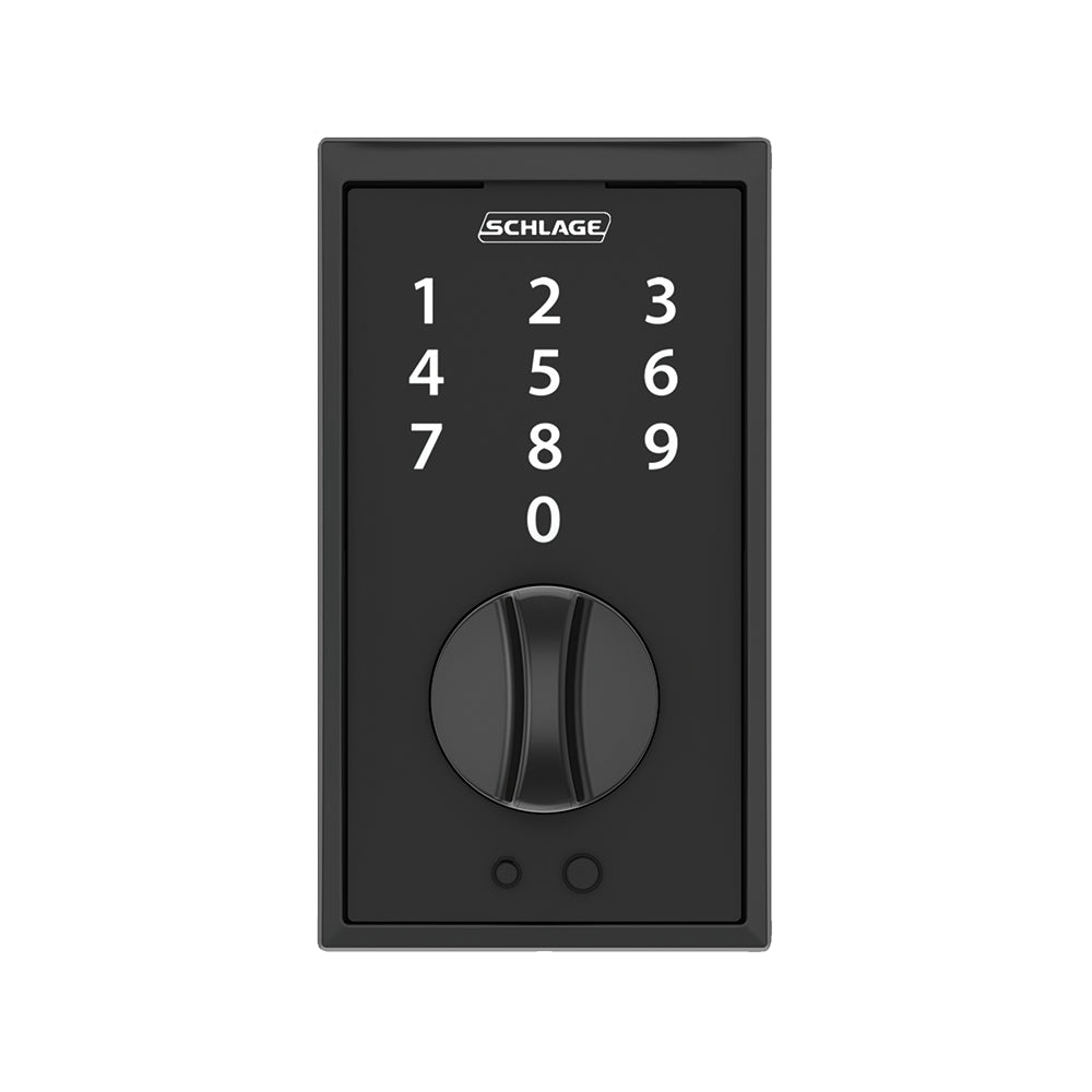 Schlage electronic keyless touchscreen deadbolt lockset in matte black, featuring a numeric keypad and turn knob.