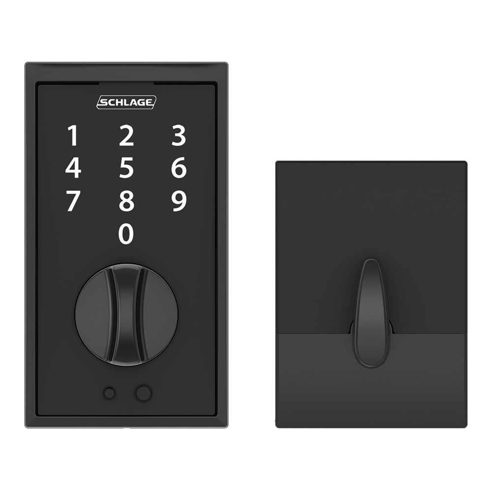 Schlage electronic keyless touchscreen deadbolt lockset in matte black, featuring a keypad and thumb turn for easy access.