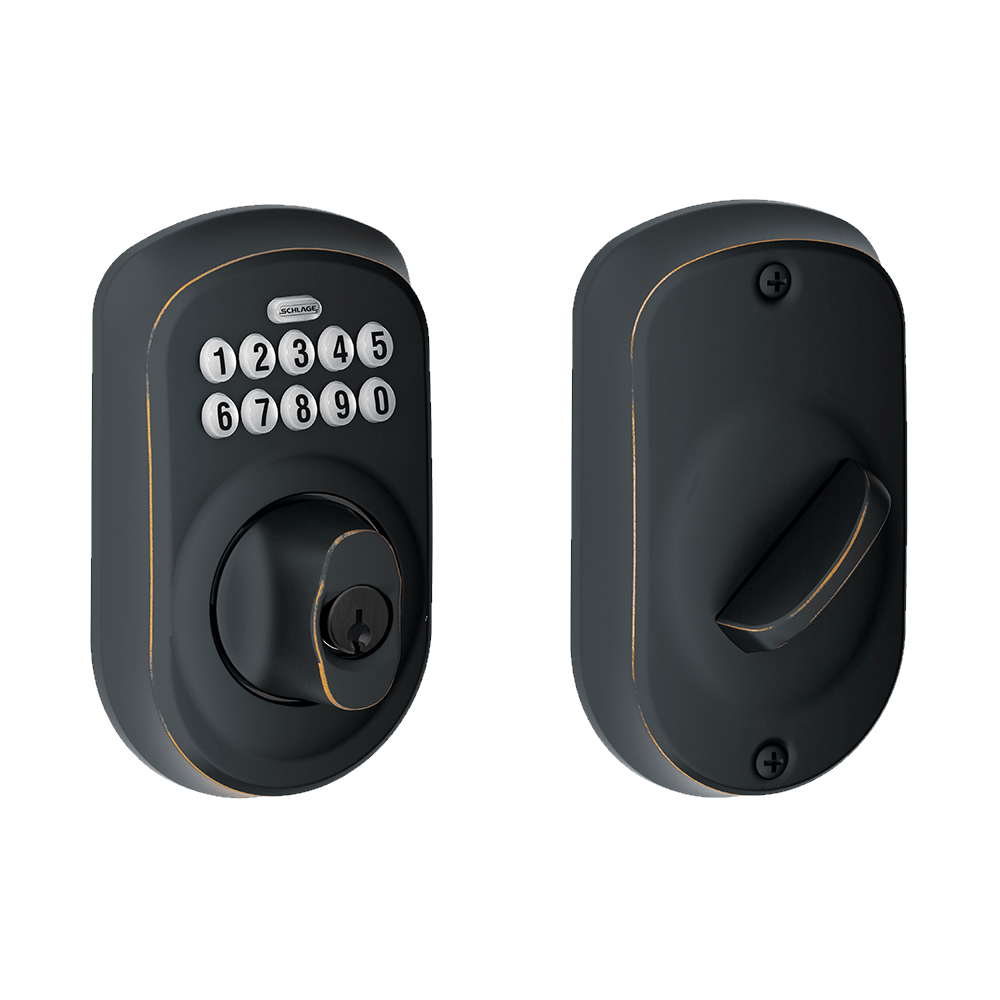 Schlage Plymouth style electronic keypad deadbolt lockset in aged bronze finish with keypad and keyhole.