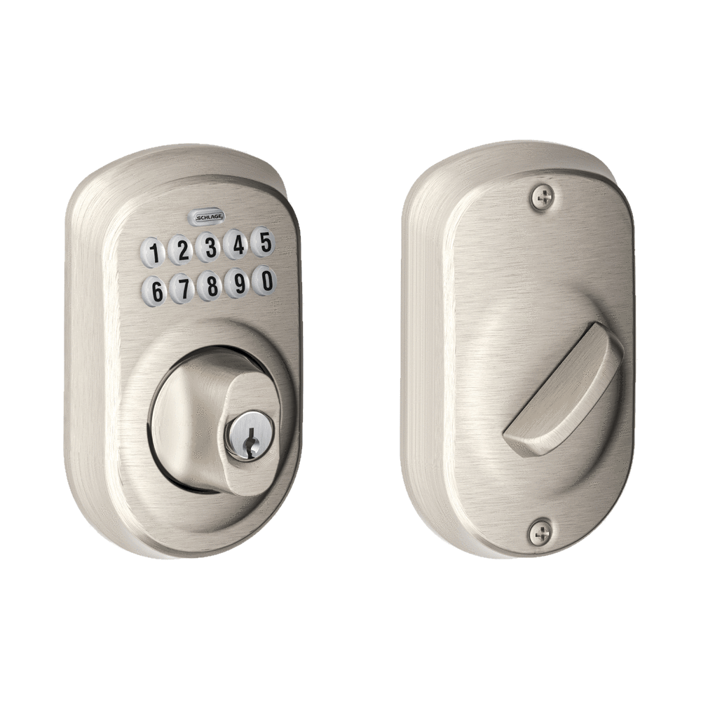 Satin nickel Schlage electronic keypad deadbolt lockset in Plymouth style, featuring a keypad and key entry.