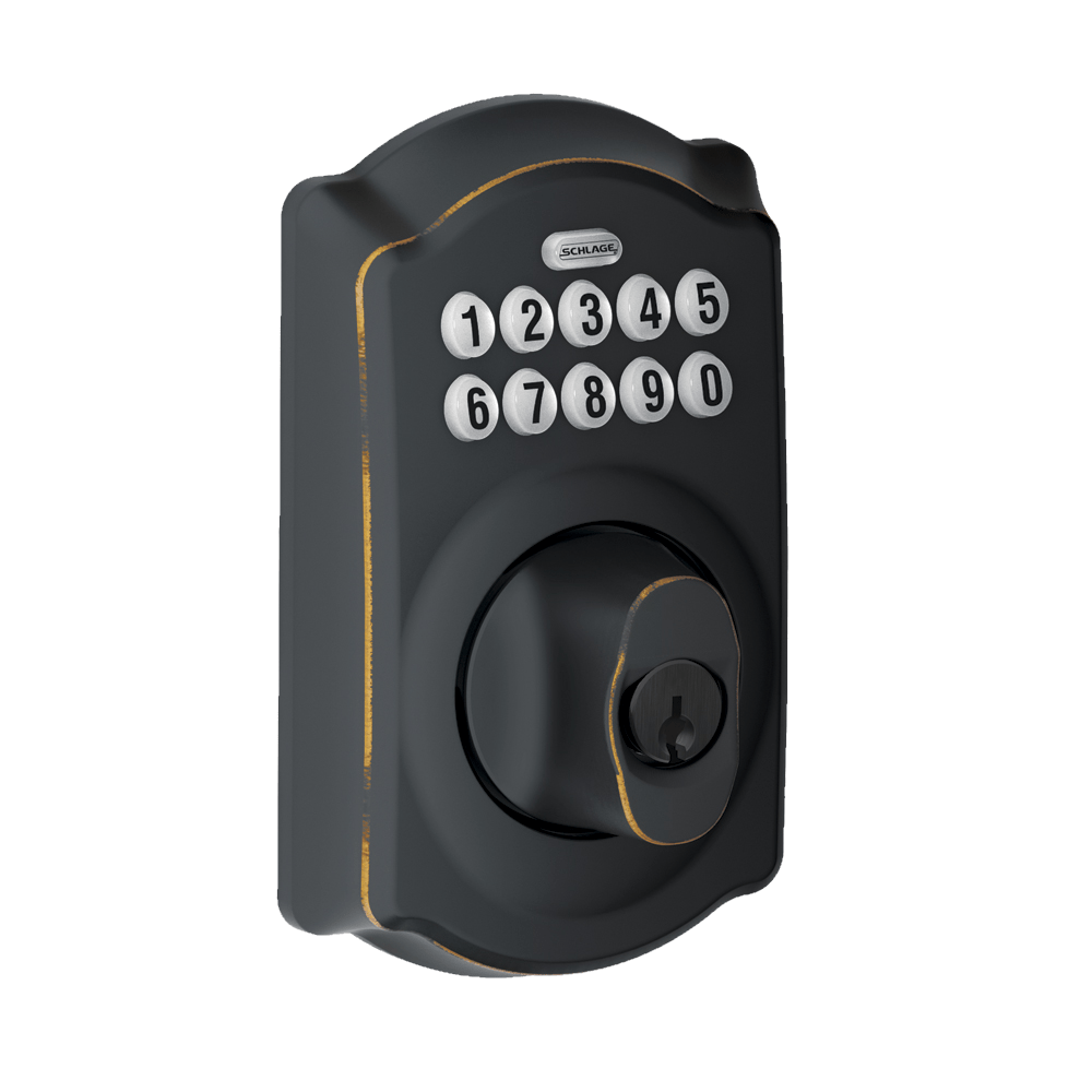 Schlage Camelot style electronic keypad deadbolt lockset in aged bronze finish, featuring a numeric keypad and keyhole.