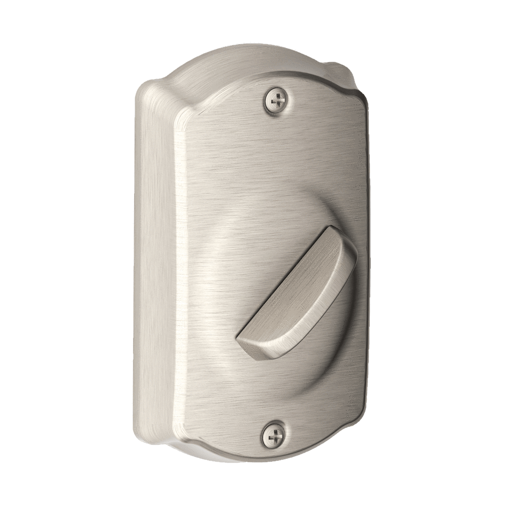 Satin nickel electronic keypad deadbolt lockset in Camelot style for residential use, sold individually.