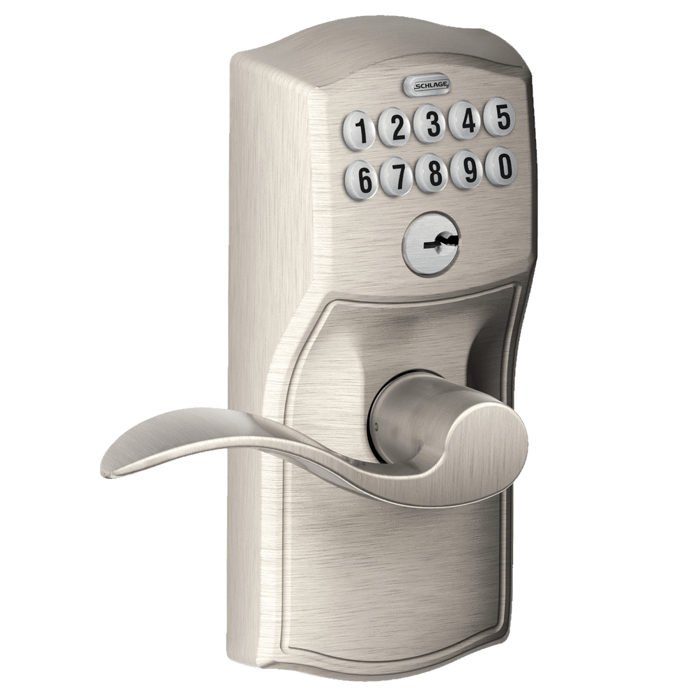 Satin nickel electronic keypad lockset with accent lever and Camelot trim for residential use. Sold individually.