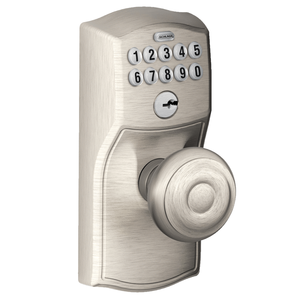 Satin nickel electronic keypad lockset with Georgian knob and Camelot trim for residential use. Sold individually.
