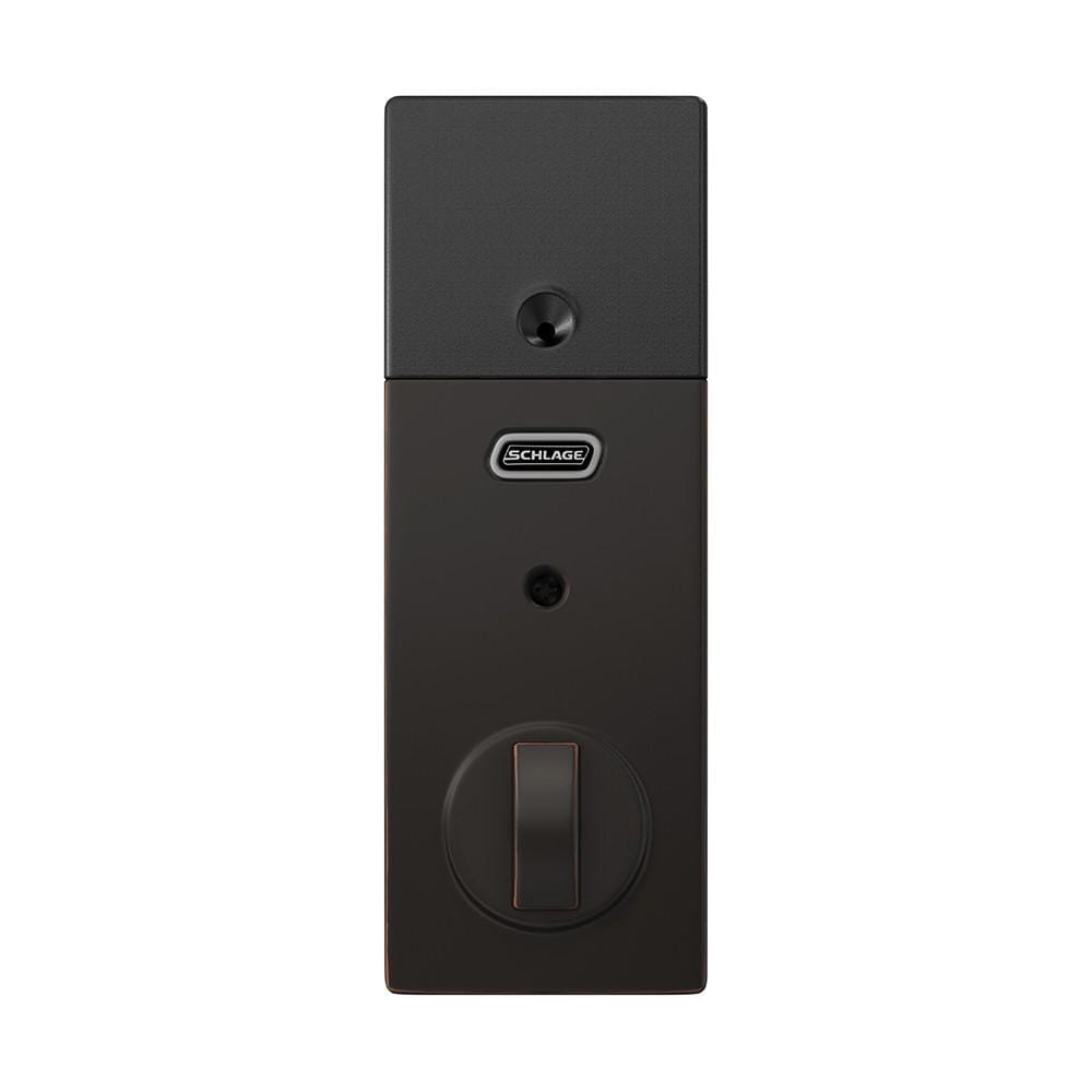 Schlage touchscreen smart deadbolt lockset in aged bronze finish, featuring Z-Wave technology and a century style design.