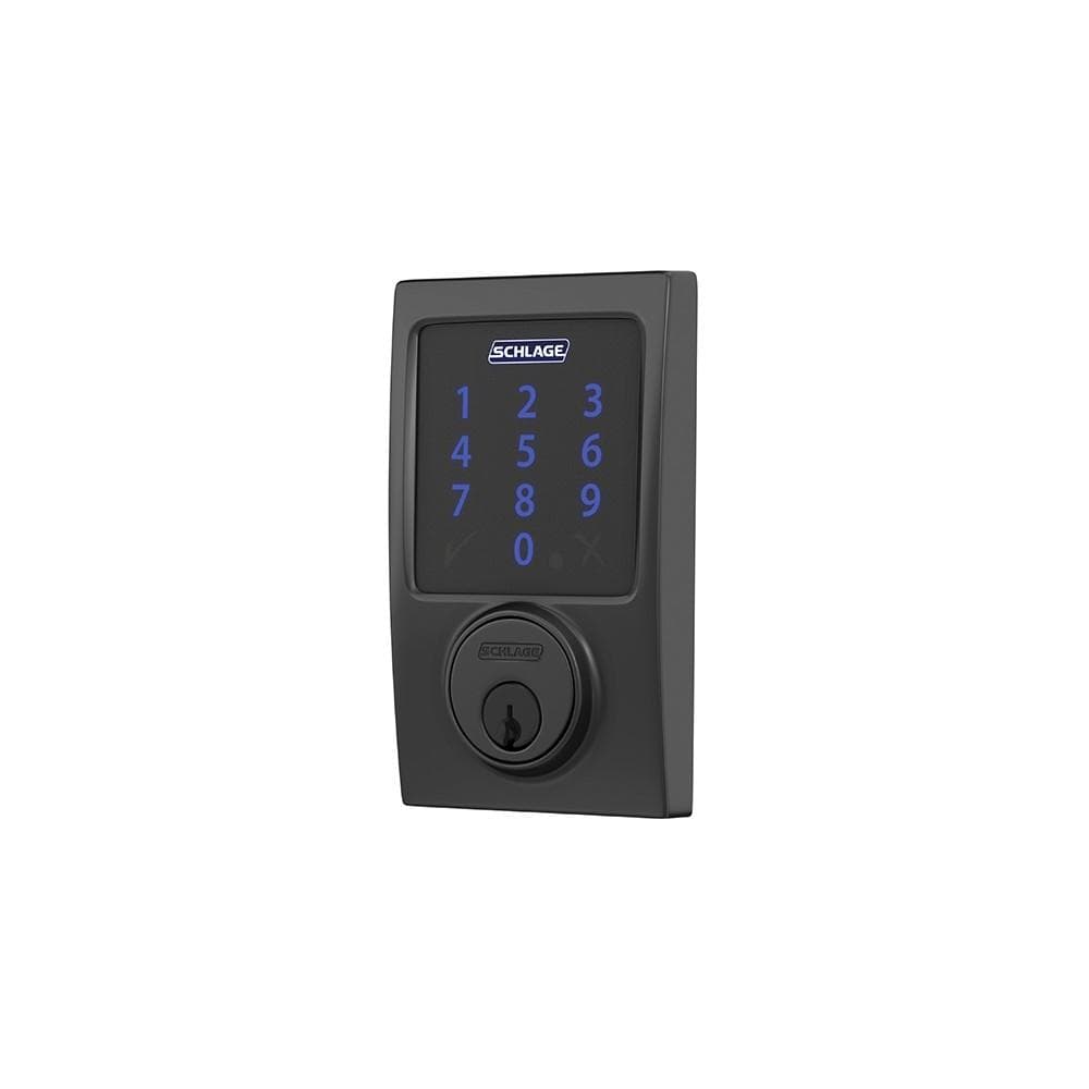 Schlage electronic touchscreen smart deadbolt lockset in matte black with Z-Wave technology and Century style design.