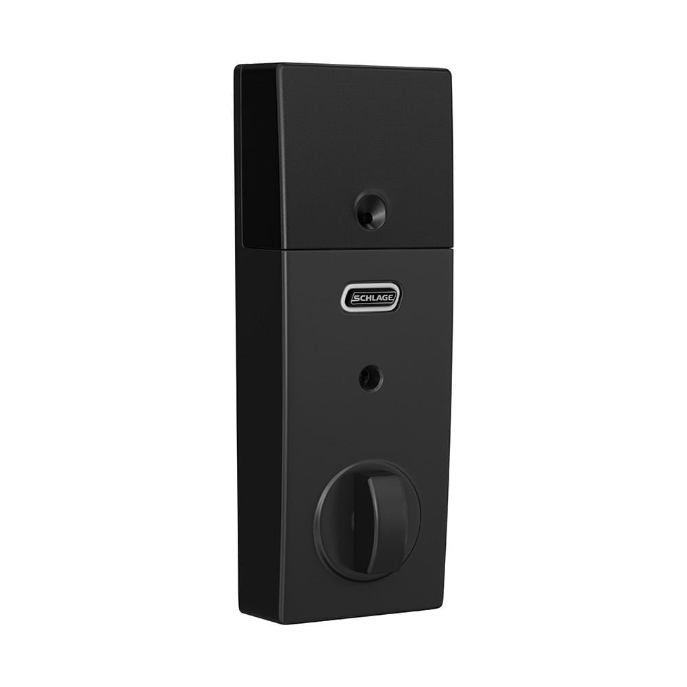 Schlage electronic touchscreen smart deadbolt lockset in matte black finish, featuring Z-Wave technology and Century style.