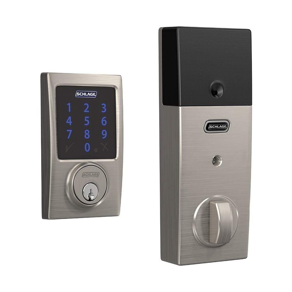 Schlage electronic touchscreen smart deadbolt lockset in satin nickel finish with Z-Wave technology for secure access.
