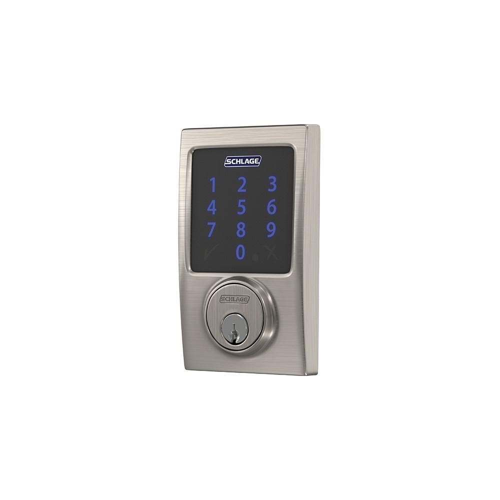 Satin nickel Schlage electronic touchscreen smart deadbolt lockset with Z-Wave technology and a modern design.