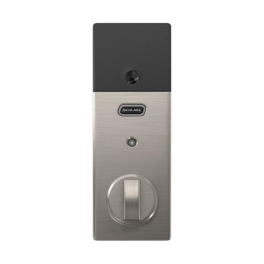 Satin nickel Schlage electronic touchscreen smart deadbolt lockset with Z-Wave technology in Century style.