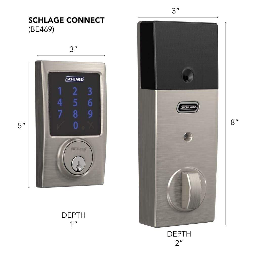 Satin nickel Schlage electronic touchscreen smart deadbolt lockset with Z-Wave, featuring a modern design and keypad.