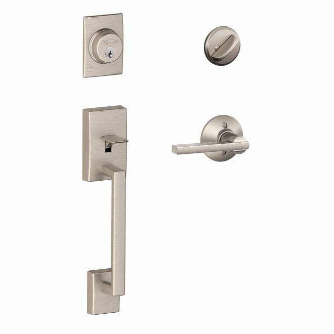 Satin nickel Schlage residential lockset with single cylinder handleset, featuring Century style exterior and Latitude style interior.