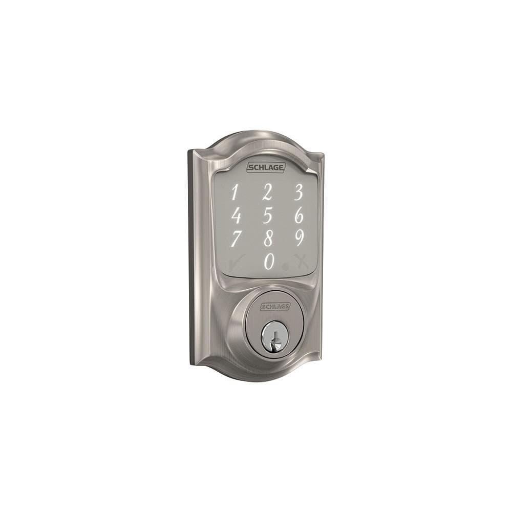 Satin nickel Schlage Camelot smart deadbolt lock with touchpad and key entry for residential use. Sold individually.