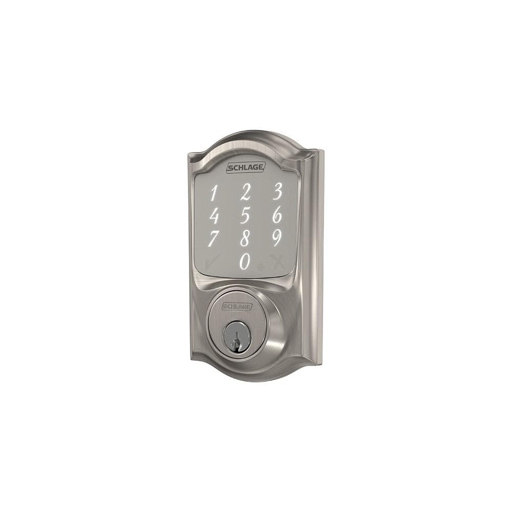 Satin nickel Schlage Camelot smart deadbolt lockset with touchpad and key entry for residential use.