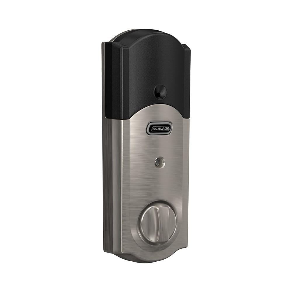Schlage Residential Sense Smart Touchpad Deadbolt Lockset in Camelot style with satin nickel finish for secure entry.