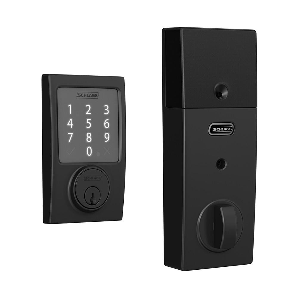 Schlage Century Style smart touchpad deadbolt lockset in matte black finish, featuring keypad and key access.