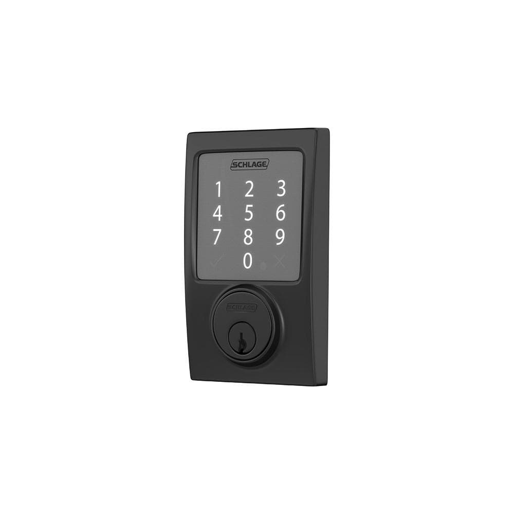 Schlage Residential Sense Smart Touchpad Deadbolt Lockset in matte black with a numeric keypad for keyless entry.