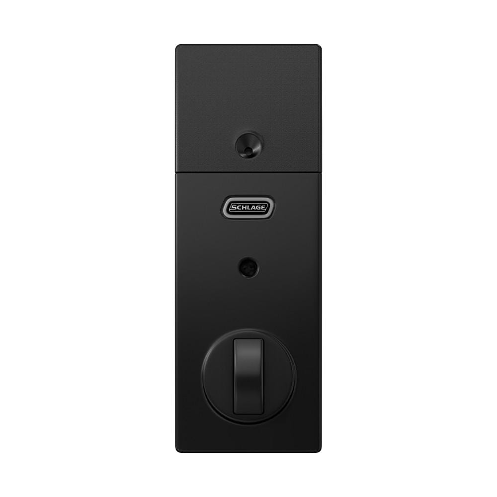 Schlage residential smart touchpad deadbolt lockset in matte black finish, featuring a modern century style design.