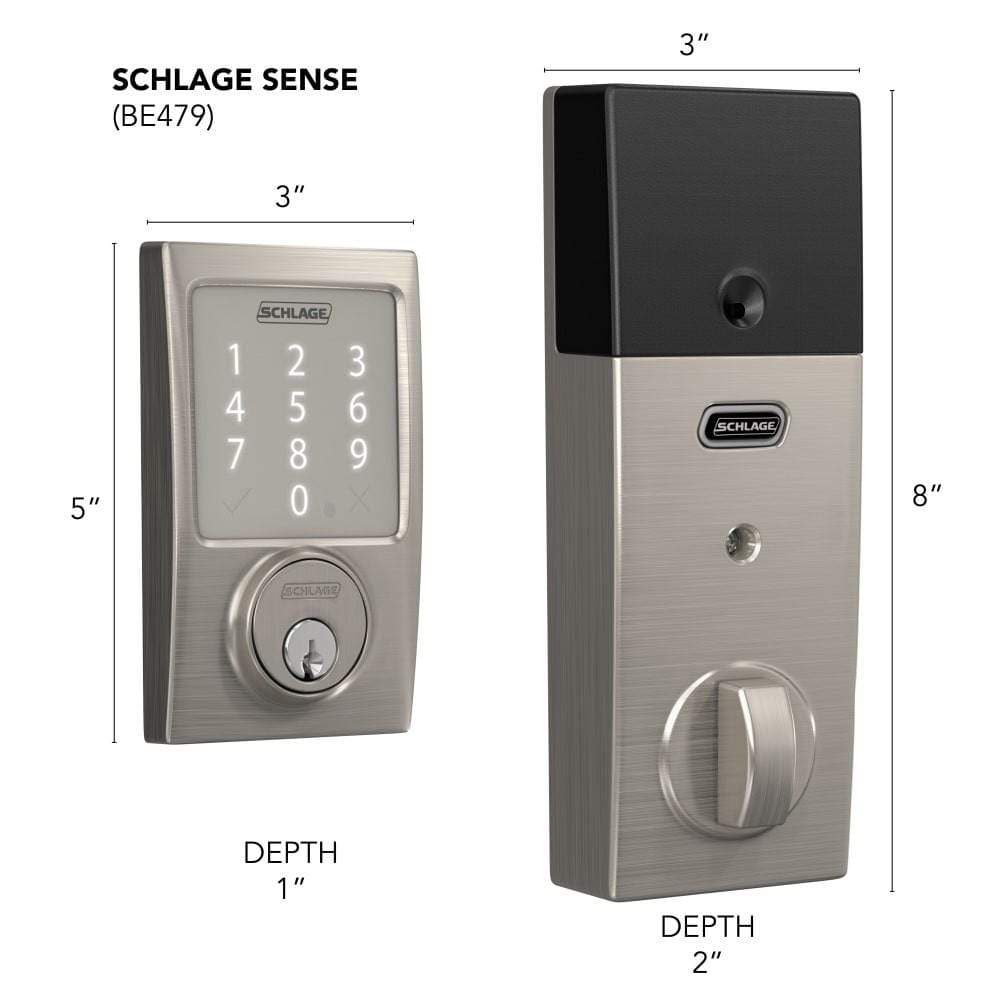 Schlage Sense smart deadbolt lockset in matte black with touchpad and key cylinder, dimensions 8x3x2 inches.