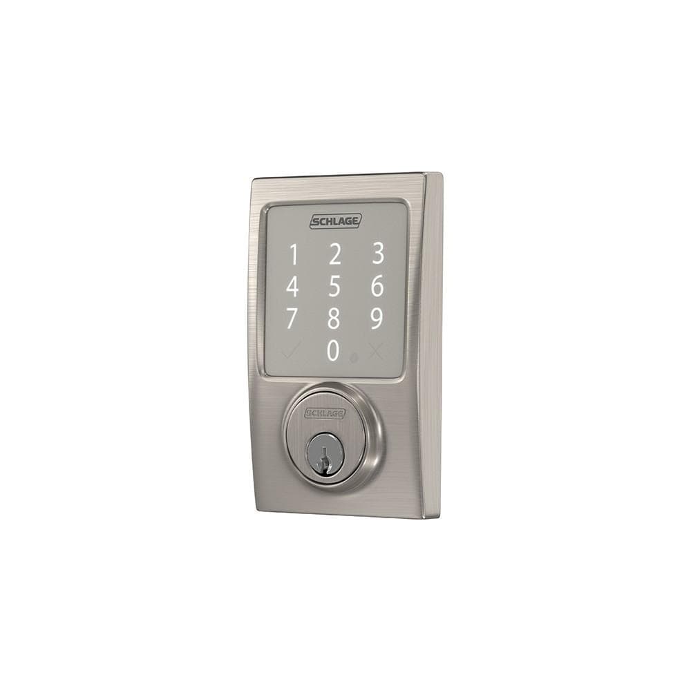 Satin nickel Schlage smart deadbolt lockset with touchpad and key entry, featuring a modern Century style design.