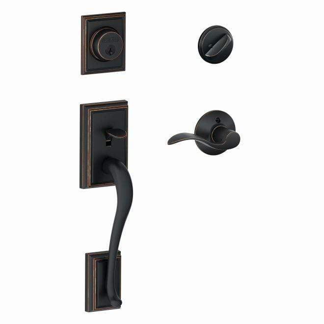 Schlage Addison single cylinder handleset in aged bronze finish with accent interior lever, sold individually.