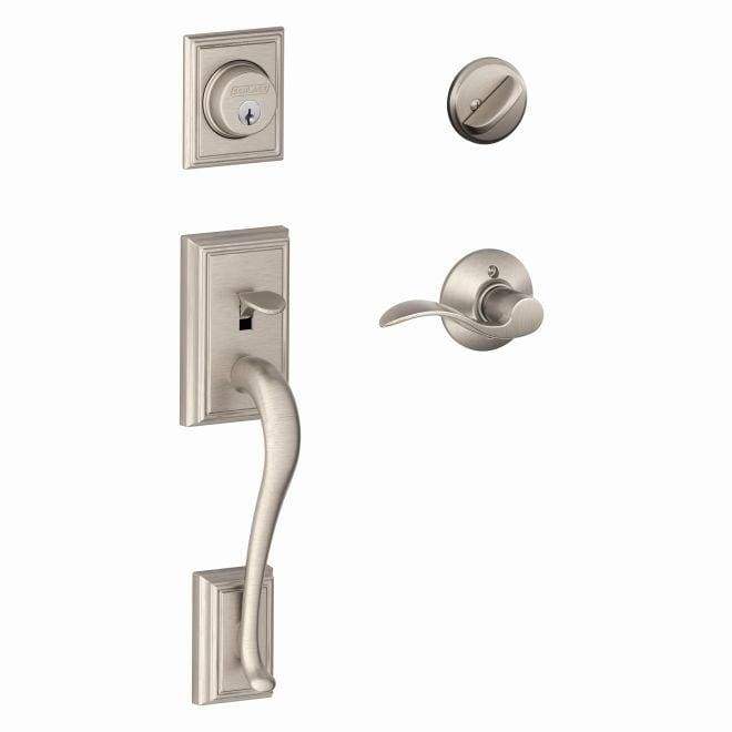 Satin nickel Schlage single cylinder handleset with Addison style exterior and accent style interior lock.