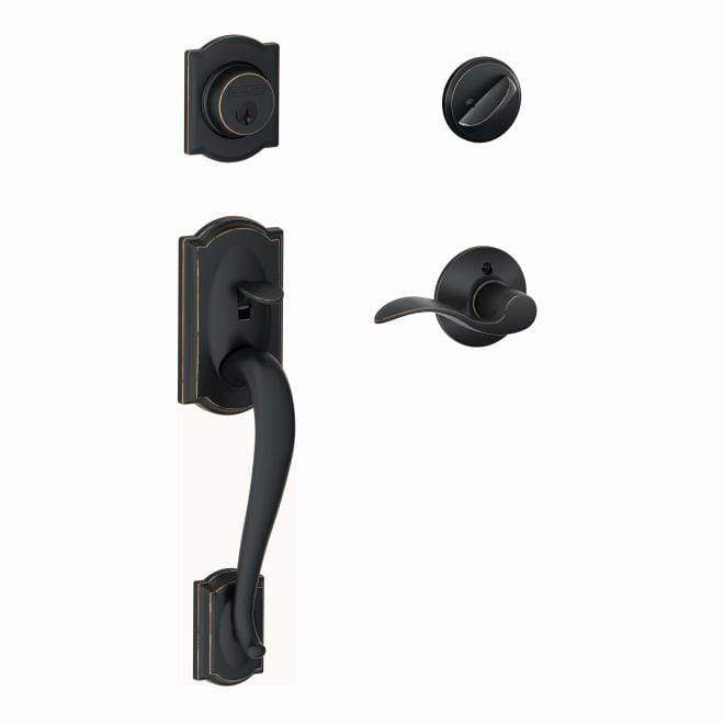 Schlage single cylinder handleset in Camelot style with aged bronze finish, featuring accent interior and keyhole.