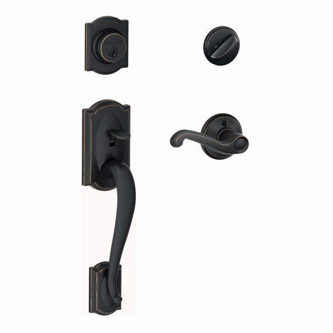 Schlage single cylinder handleset in Camelot style with aged bronze finish, featuring Flair style interior design.
