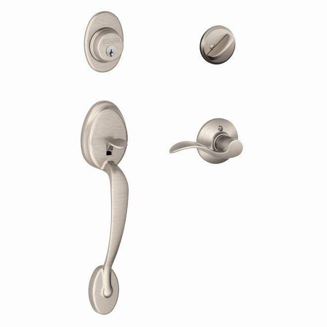 Satin nickel Schlage single cylinder handleset with Plymouth style exterior and accent style interior lockset.