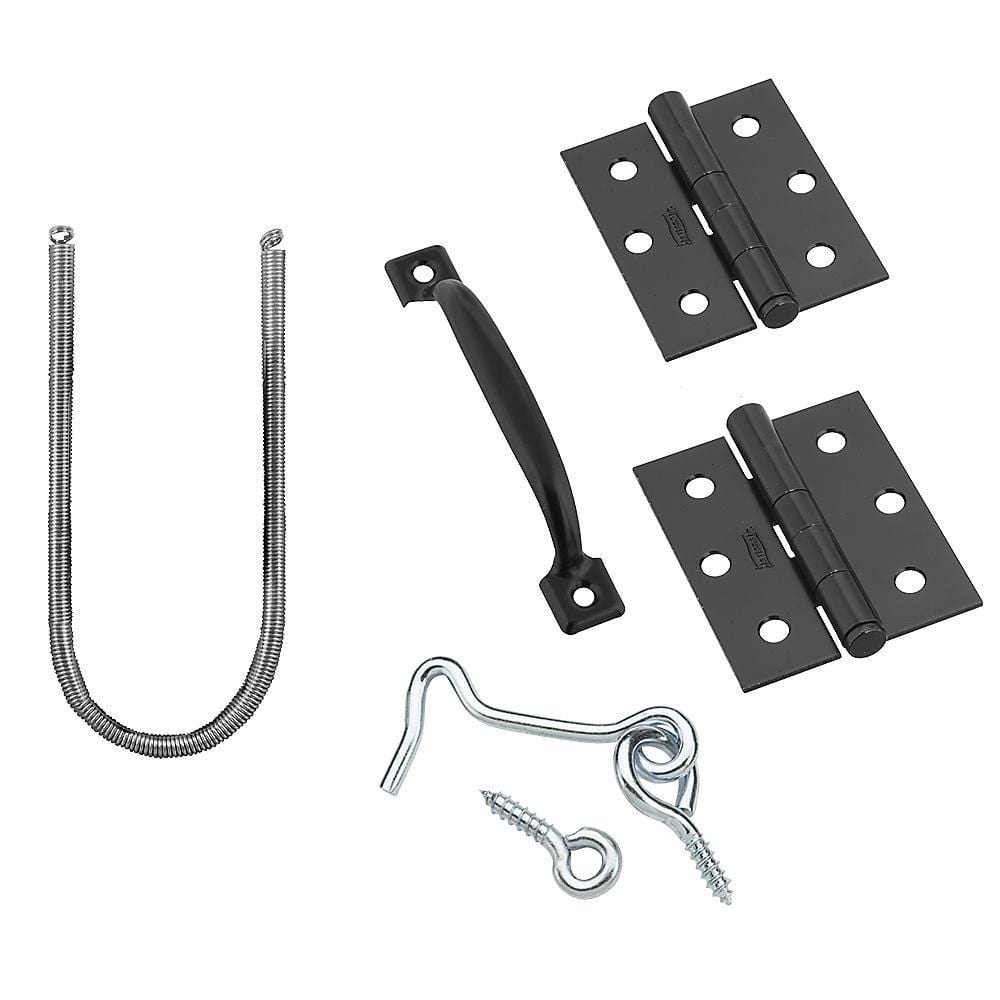 Screen door hinge kits with multiple finishes, including hinges, handle, spring, and installation hardware.