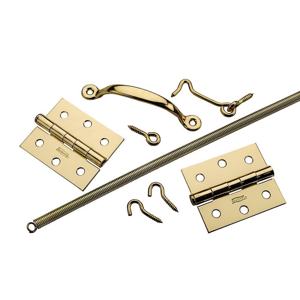 Screen door hinge kits with multiple finishes, including hinges, screws, and a pull handle for easy installation.