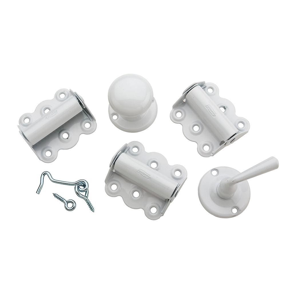Screen door spring hinge kits in various finishes, including all necessary components for installation.