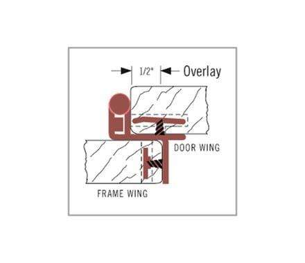 Self-closing double demountable cabinet hinges with 1/2" overlay, 2 1/4" x 1 1/2", available in multiple finishes.
