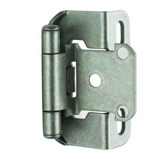 Self-closing partial wrap cabinet hinges for 1/2 inch overlay, 2 1/4 x 1 1/2 inches, available in multiple finishes.