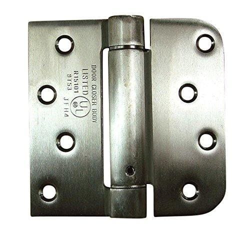 Stainless steel self-closing spring hinges 4 inches with 5/8 inch square corners, sold in a 2 pack for doors.