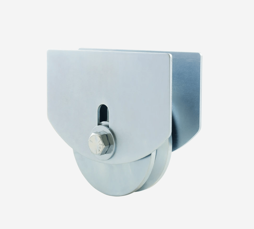 4-inch V-groove wheel with carriage plates for 1.5 or 2-inch gate frames, zinc finish, sold as a set.