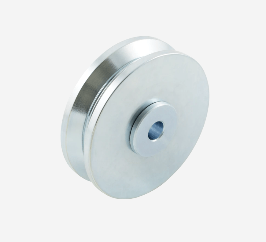4-inch zinc finish V-groove wheel for 1.5 or 2-inch gate frames, sold individually for durable gate operation.