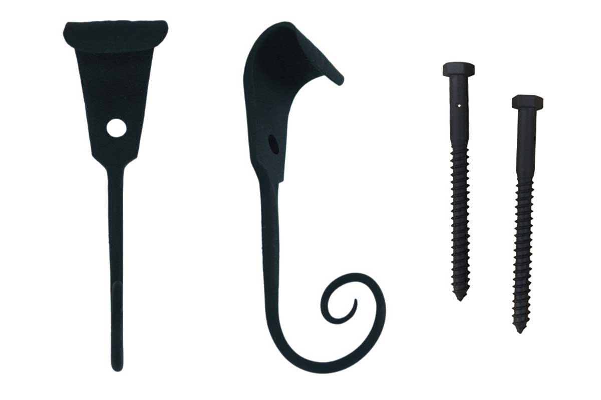 Black forged steel shutter dogs and tiebacks, 7 inches, with lag screws, sold in pairs for secure window treatment.